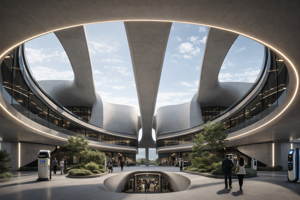 Render of the circular central courtyard framed by glazed galleries and sculptural overhead spans.