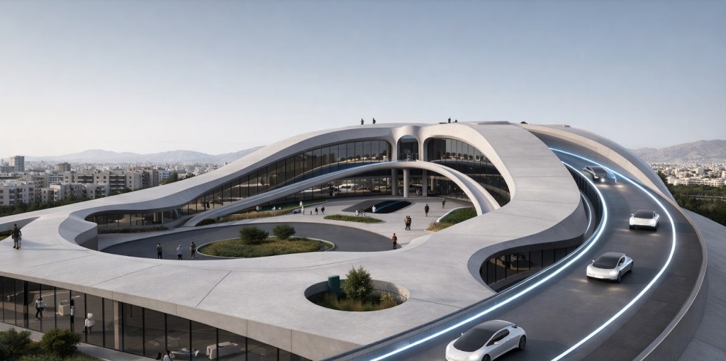 Render of the Electromobility Complex with a sweeping vehicle ramp and landscaped courtyard.