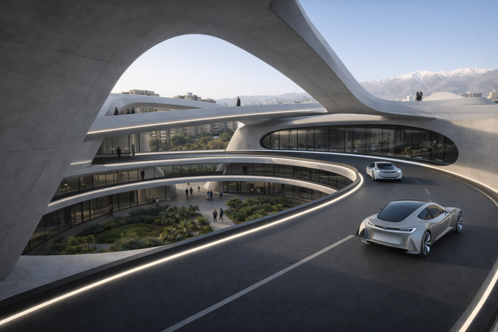 Render of electric vehicles on a curving elevated route overlooking the planted central courtyard.