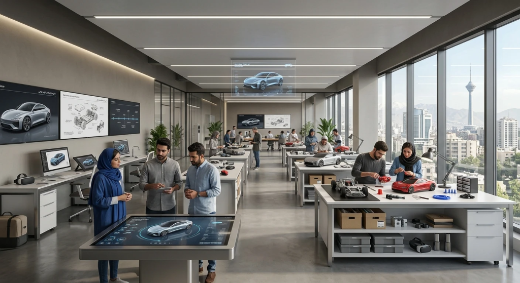 Interior visualization of a vehicle design workshop with model-making tables and digital displays.