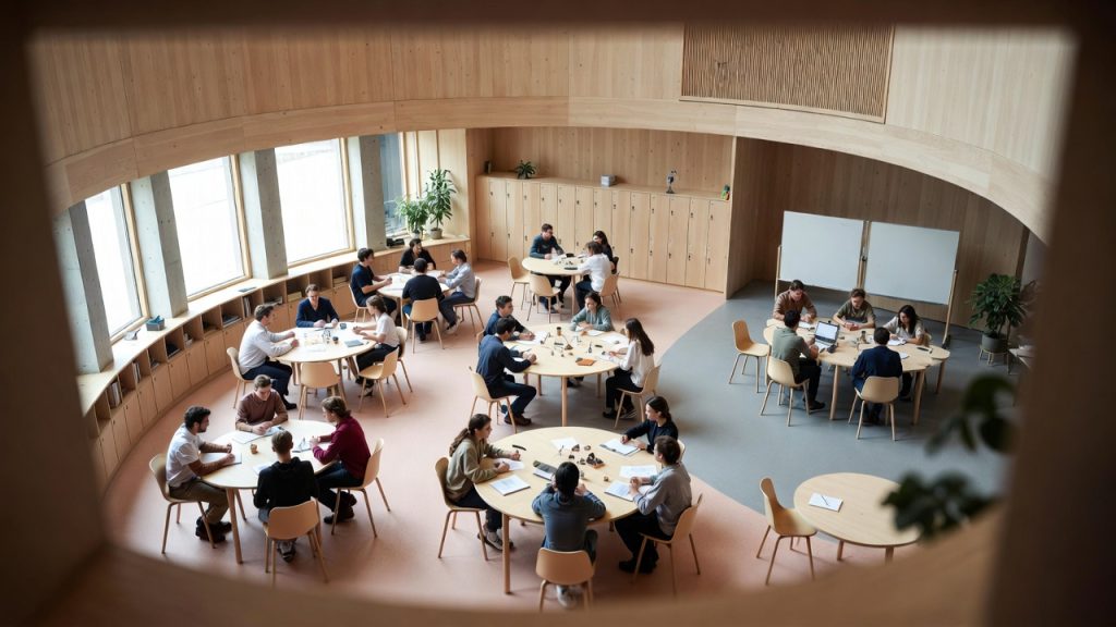 Interior visualization of a rounded collaborative learning room with group tables and timber finishes.