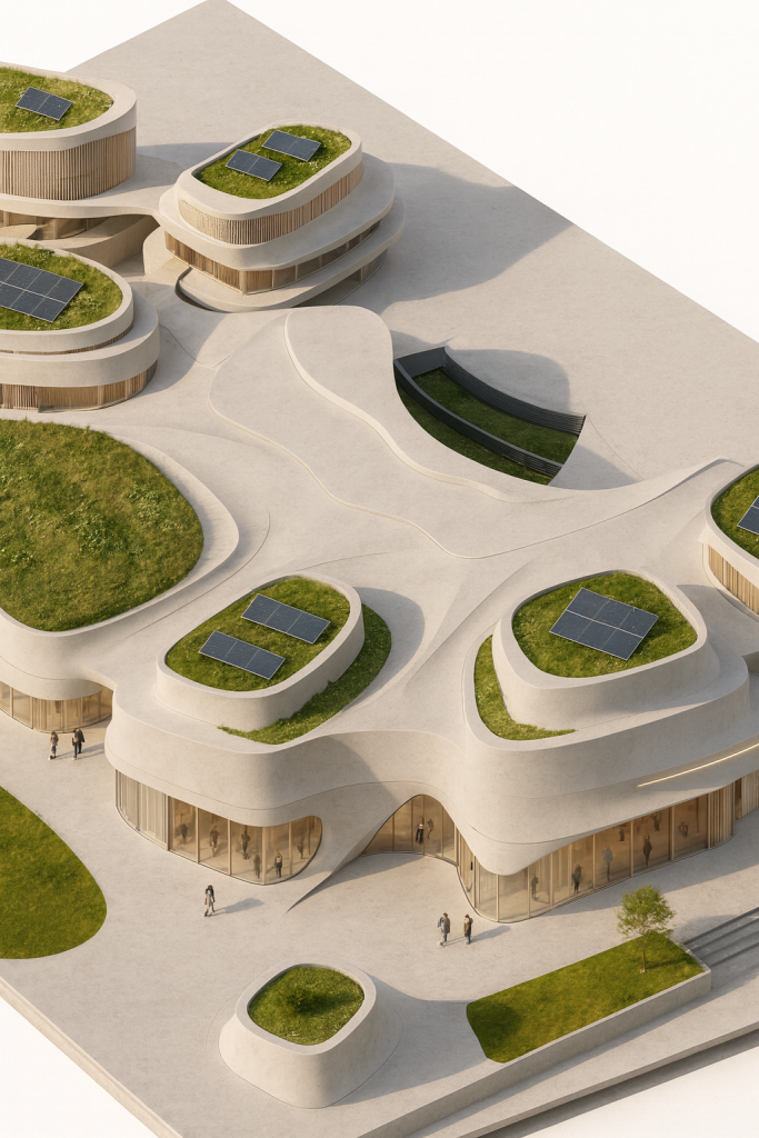 Aerial detail visualization of flowing roof surfaces, planted openings and photovoltaic panels.