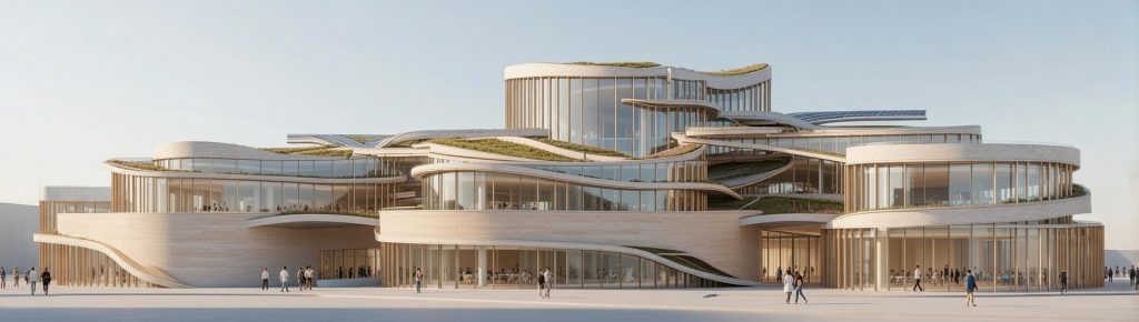 South elevation render of the Energy Accelerator with glazed fronts, curved terraces and planted roof edges.