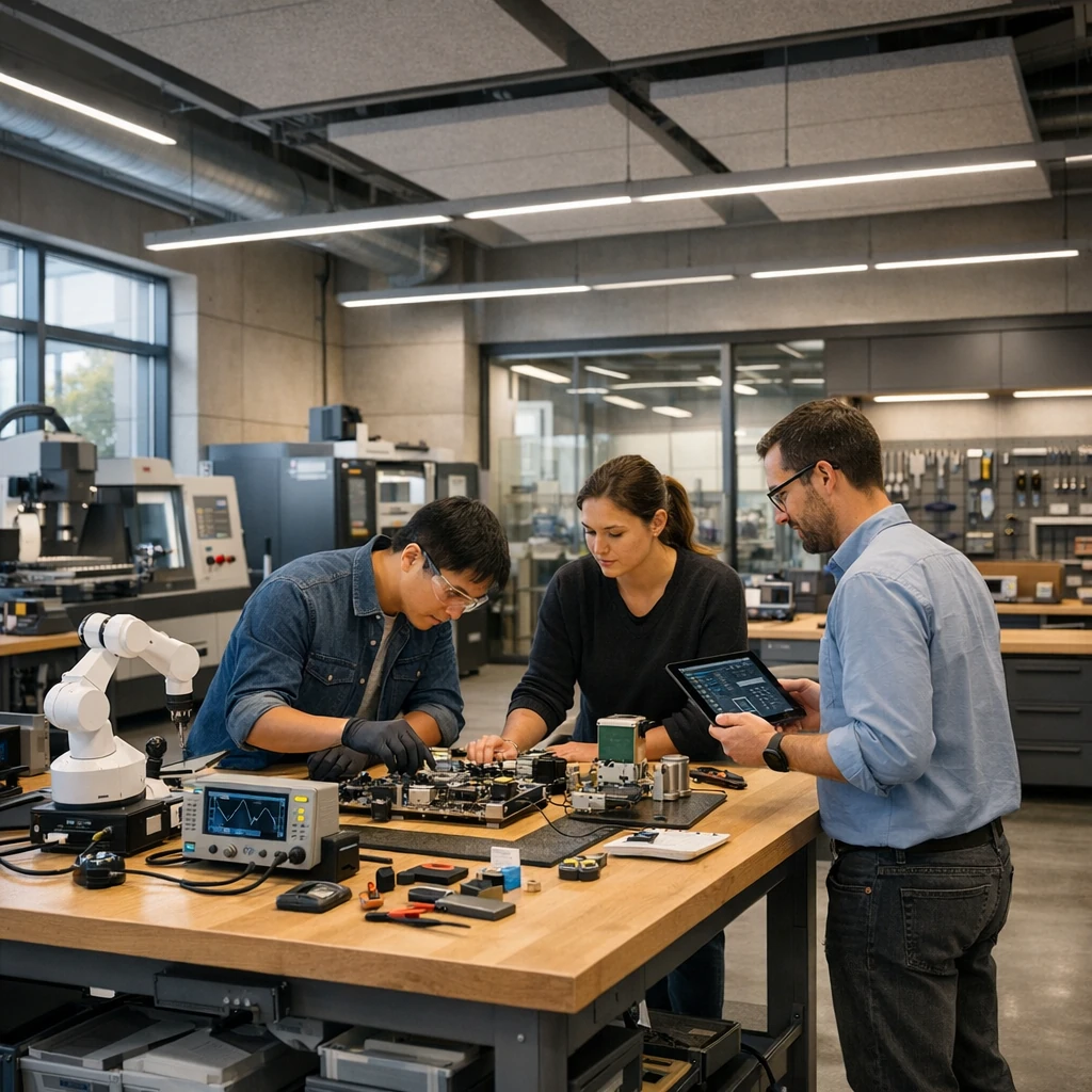 Interior visualization of a collaborative electronics workshop with testing equipment and a robotic arm.
